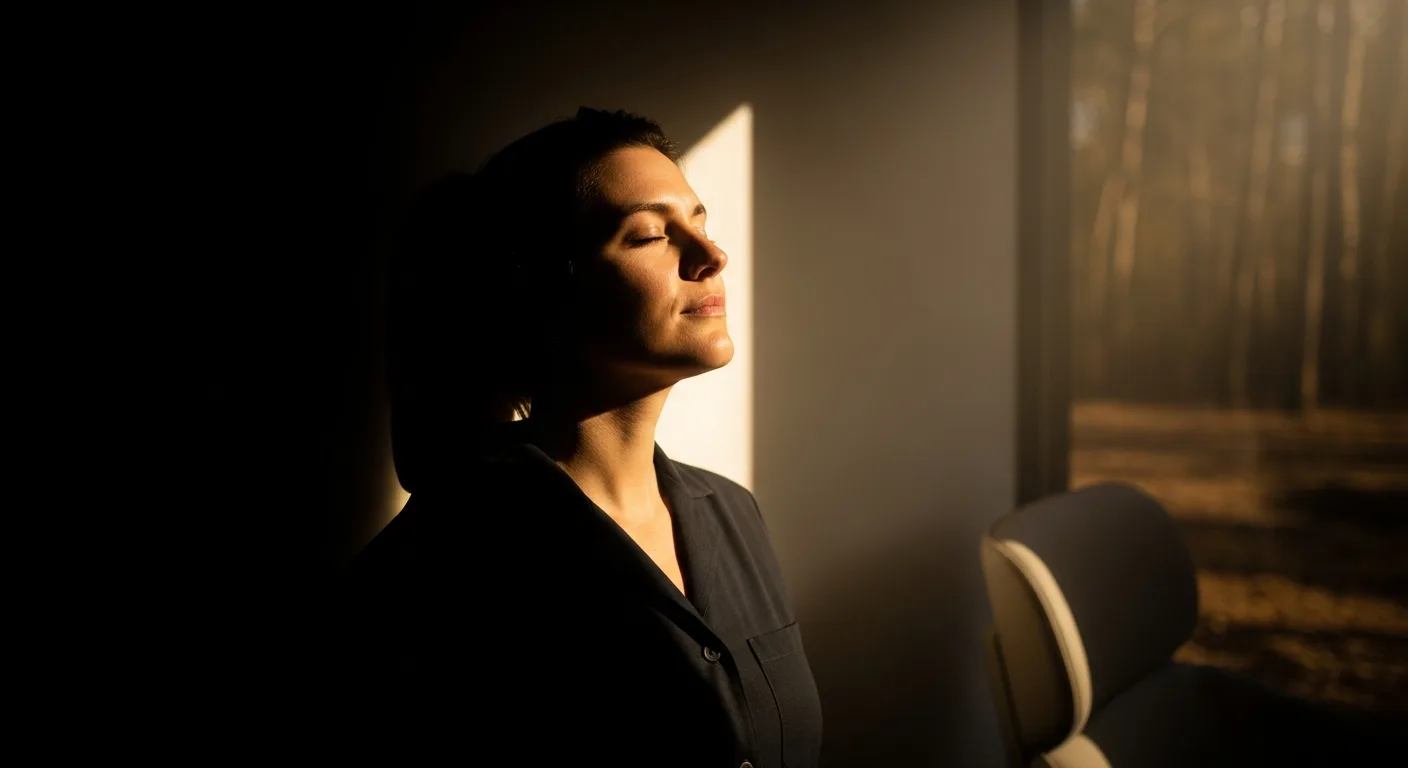 A quiet, editorial hero image evoking trauma recovery — soft natural light and a calm, unhurried setting suggesting space to slow down and be supported.